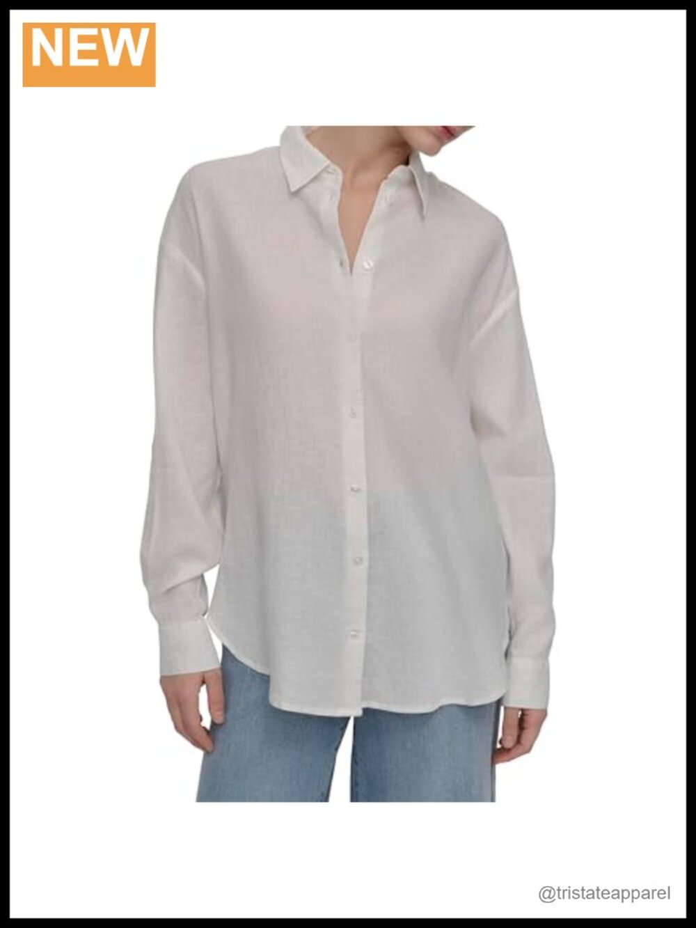 DKNY Long Sleeve Linen Button Down Shirt Relaxed Fit Collared Ivory